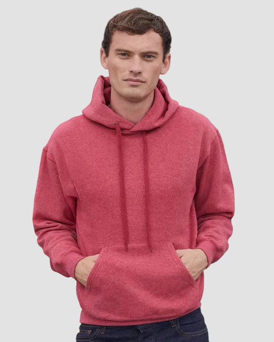 A man wearing a heathered pinkish-red pullover hoodie with drawstrings and a front kangaroo pocket, standing against a solid gray background.