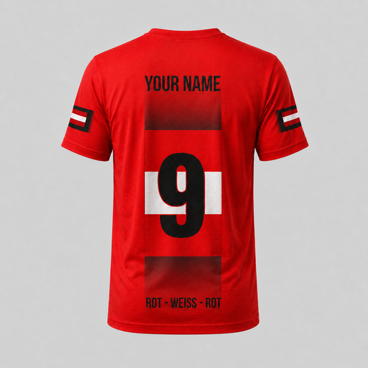 Austria Fan T-Shirt custom name and number back design with red-white-red Austrian flag graphic