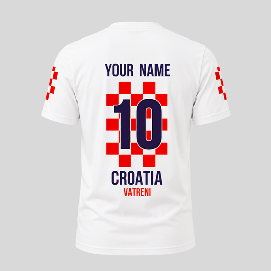 Croatia Fan T-Shirt White Back View – Vatreni Football Design with Croatia Checkerboard Graphic and Custom Name & Number