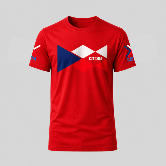 Red Czechia fan T-shirt with geometric CZECHIA front design