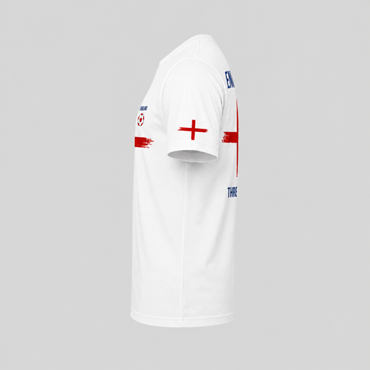 Side view of England football supporter t-shirt with sleeve cross details