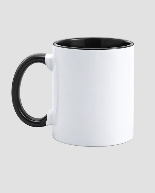 A white ceramic mug with a black handle, black interior, and black rim, shown on a light gray background.