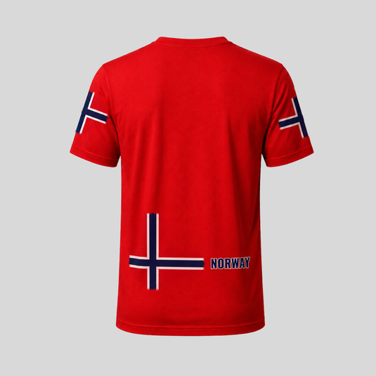 Back view of red Norway fan t-shirt with Norway flag & text