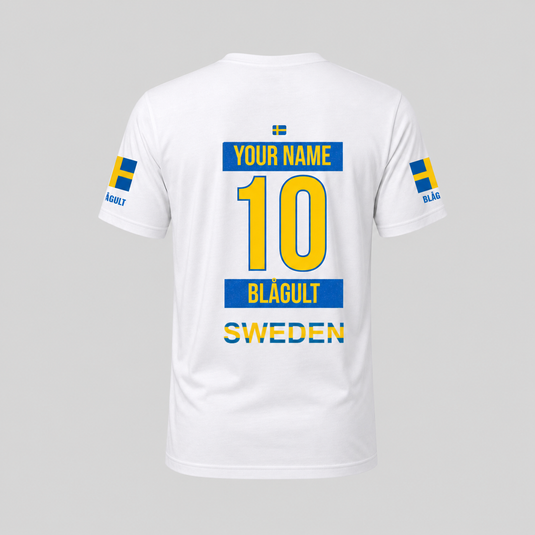 Personalised Sweden fan T-shirt with custom name and number on the back
