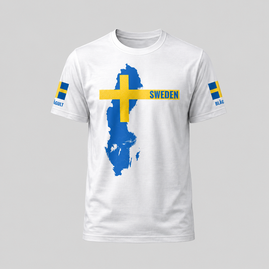 White Sweden fan T-shirt with Sweden map, yellow cross and SWEDEN front design