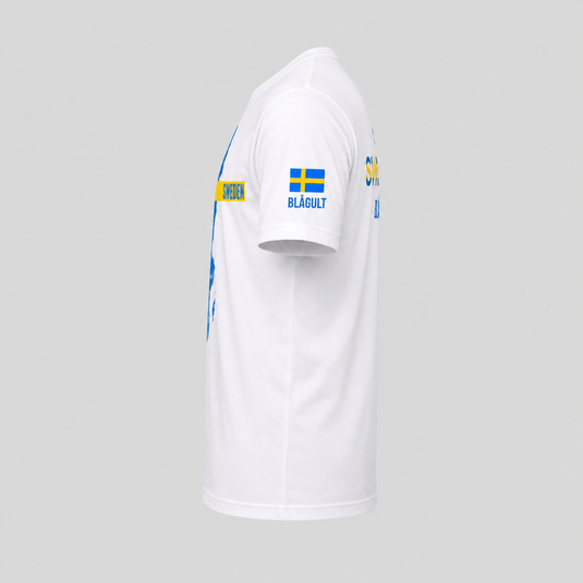 Side view of white Sweden fan T-shirt with Swedish flag and BLÅGULT sleeve graphic