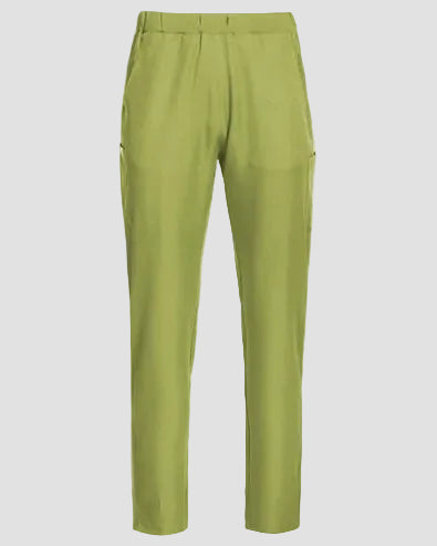 A pair of slim-fit trousers in a muted olive green color, shown flat against a light gray background.