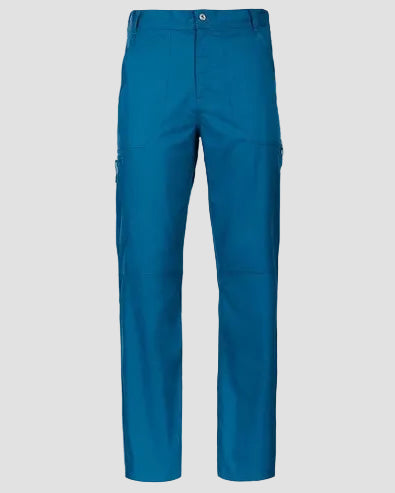 A pair of men's straight-leg cargo pants in a vibrant teal blue, shown flat against a light gray background.