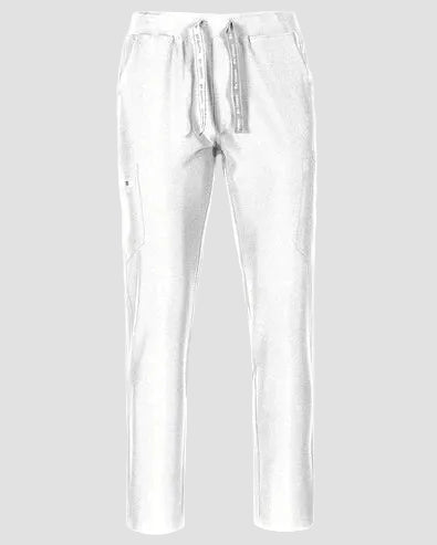 White drawstring sweatpants with a relaxed straight-leg fit, displayed on a light gray background.