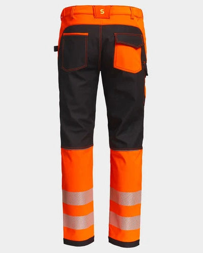 Black and orange work pants with reflective stripes on a light gray background