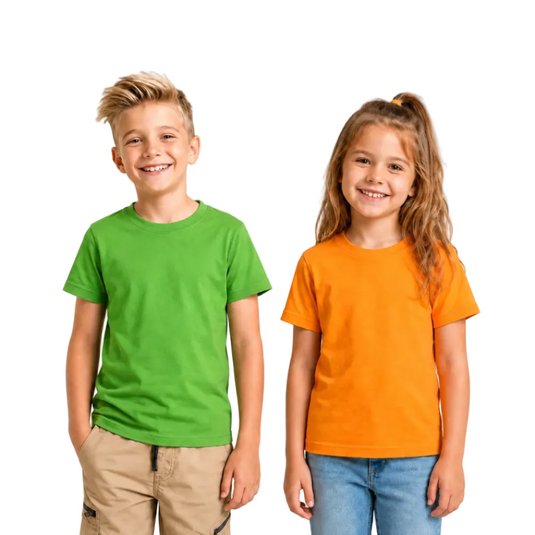 Two children, a boy and a girl, wearing green and orange t-shirts respectively on a white background.