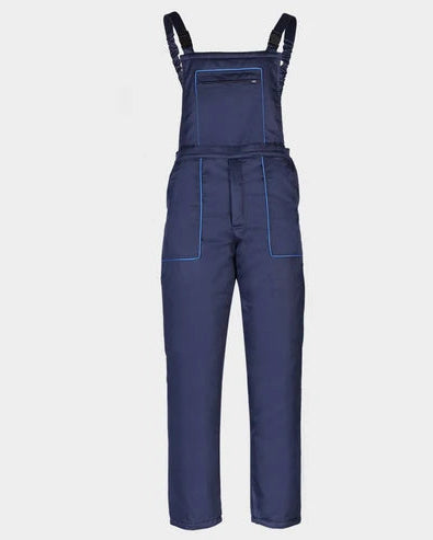 A pair of navy blue work bib overalls with bright blue contrast stitching, shown against a plain light gray background.