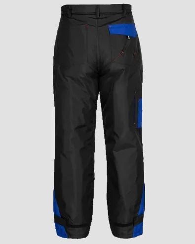 Black technical snow pants with vibrant blue accents on the side pockets, back pocket, and lower hems, shown from the back on a white background.