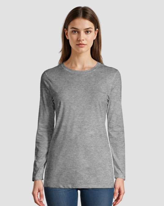 A woman wearing a white long sleeve t-shirt with a round neckline. The image includes a 'PROMO 3 PCS BUNDLE' offer graphic.