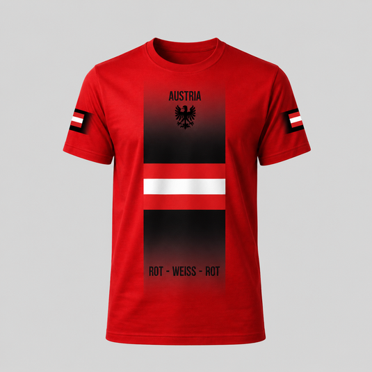 Austria Fan T-Shirt front view with red Rot-Weiss-Rot supporter design and Austrian eagle accent