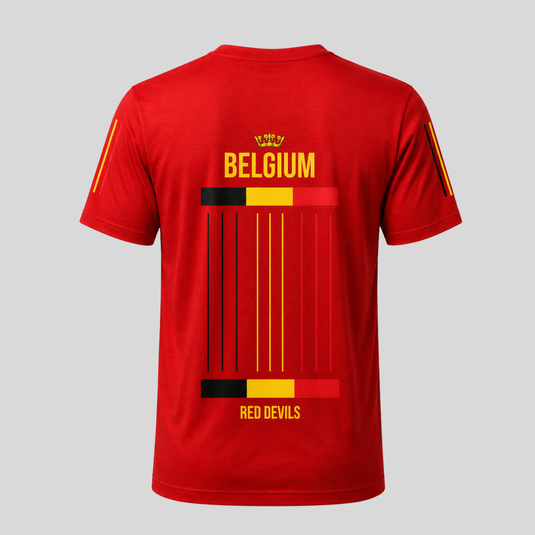 Back view of Belgium fan T-shirt with Red Devils graphic, custom name area and Belgian flag colour details