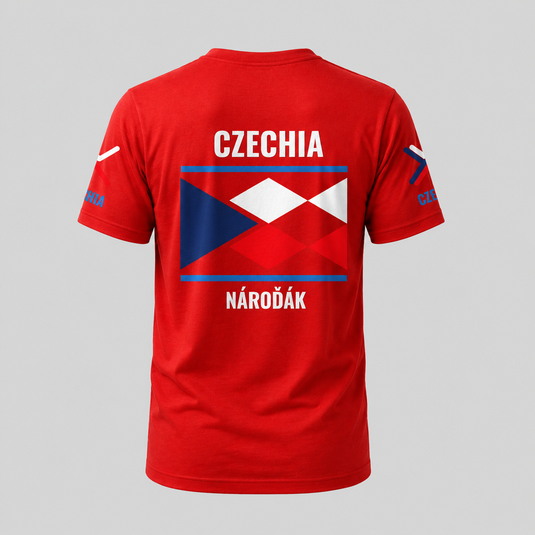 Back view of Czechia fan T-shirt with CZECHIA and NÁROĎÁK print