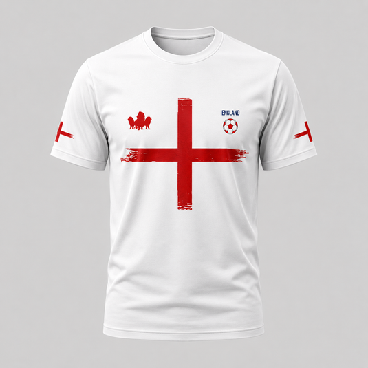 England Three Lions fan t-shirt with St George cross design on white premium tee