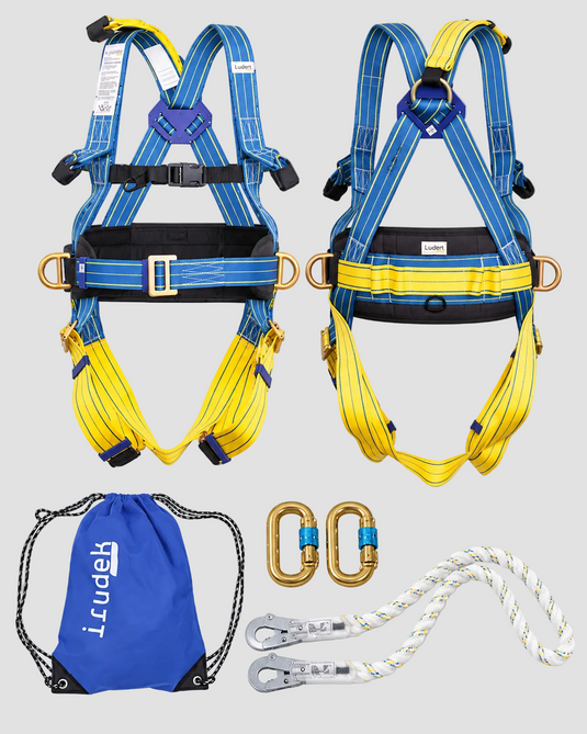 Two blue and yellow climbing harnesses displayed side-by-side with their included accessories: a blue drawstring bag, two gold carabiners, and a white rope, all on a neutral light gray background.