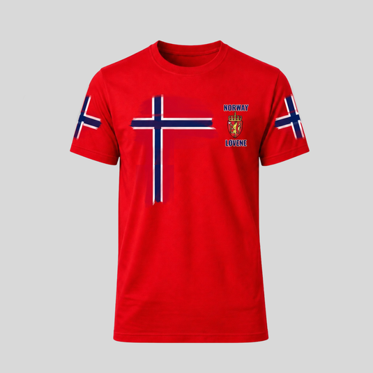 Red Norway fan t-shirt with Norwegian flag inspired front design and Norway Løvene chest detail