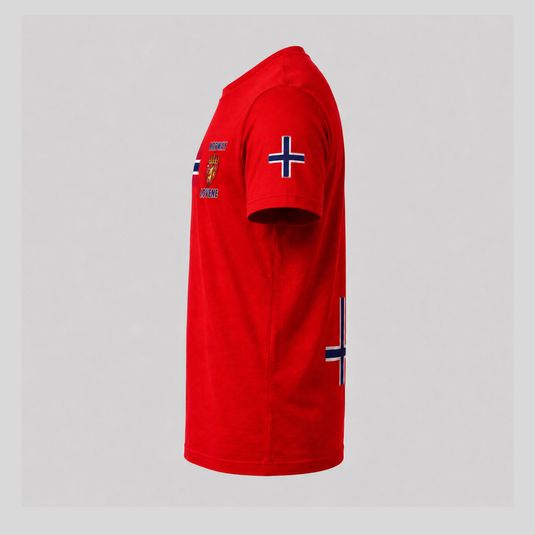 Side view of Norway fan t-shirt with flag-inspired sleeve design