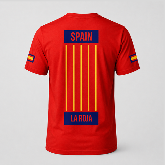 Red t-shirt with 'Spain' and 'La Roja' text on a gray background
