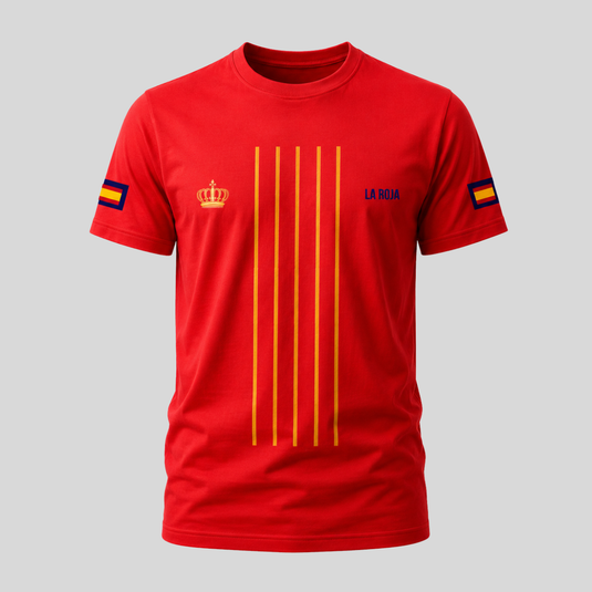 Red t-shirt with yellow stripes and Spanish flag design on sleeves against a gray background