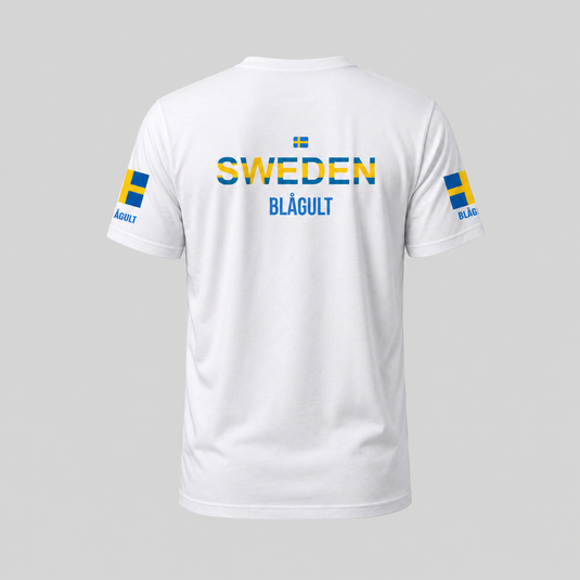 Back view of Sweden fan T-shirt with SWEDEN and BLÅGULT print