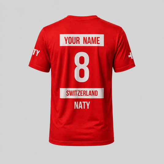 Personalised Switzerland fan t-shirt with custom name, number and Nati supporter design