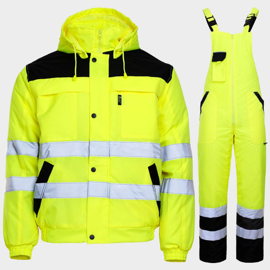 A high-visibility winter set consisting of a jacket with a hood and bib pants, both featuring reflective strips. The set is fluorescent yellow with black accents.