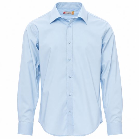 A light blue long-sleeve button-down dress shirt with a pointed collar and button front, shown on a plain white background.
