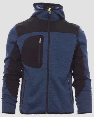 A men's hooded zip-up jacket in heathered blue and black, featuring a large black chest pocket with a vertical zipper, black side pockets, and a small white logo on the chest pocket.