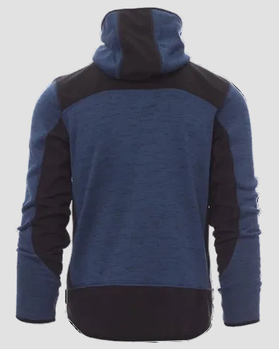 A men's long-sleeve hooded top shown from the back, featuring a heathered blue body with solid black shoulder panels, sleeves, and lower hem, set against a plain white background.