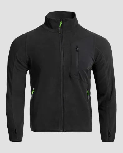 A black zip-up fleece jacket with a stand-up collar, featuring bright neon green zipper pulls on the front and side pockets, displayed on a light gray background.