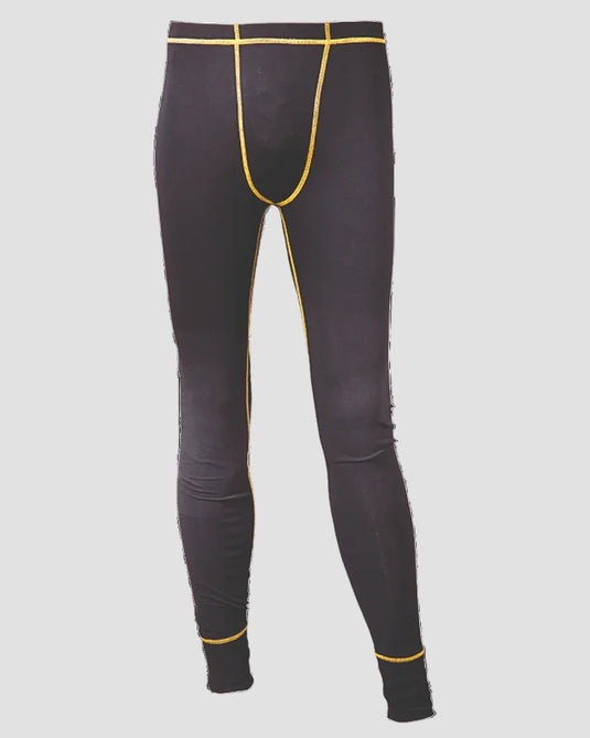 Black full-length compression leggings with bright yellow contrast stitching details, shown on a plain white background.