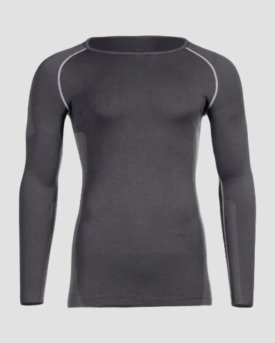 Gray long-sleeve athletic shirt on a light gray background