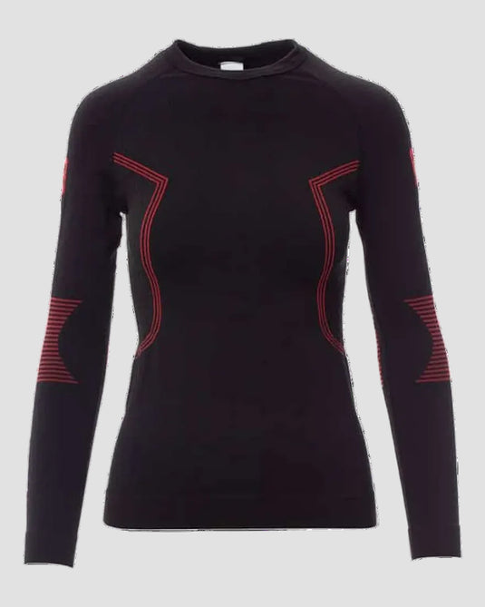 A black long-sleeve athletic top with red geometric stripe accents on the chest, shoulders, and sleeves, displayed on a clean white background.