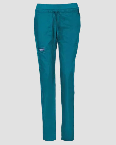 A pair of teal scrub pants with an elastic waistband and drawstring, shown against a plain light gray background.