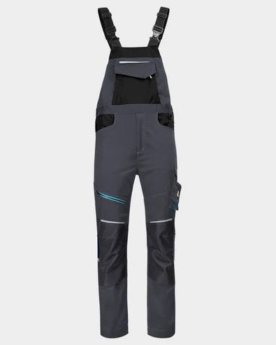 Gray bib overalls with black straps on a light gray background