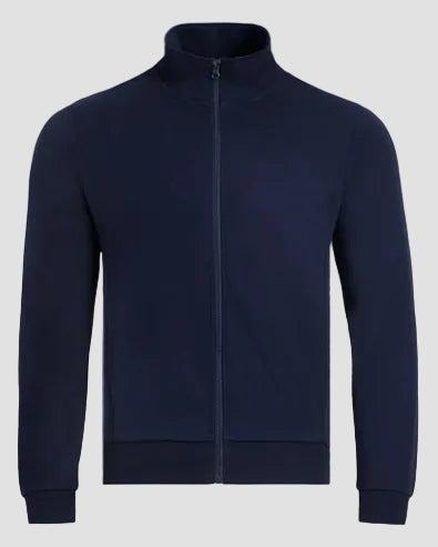 A dark navy blue zip-up jacket with a mock neck collar, shown on a clean light gray background.