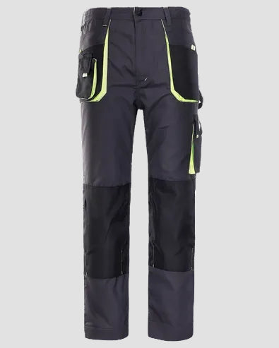 Dark gray and black work pants with high-waisted cargo pockets and bright neon yellow-green contrast stitching, shown against a plain white background.