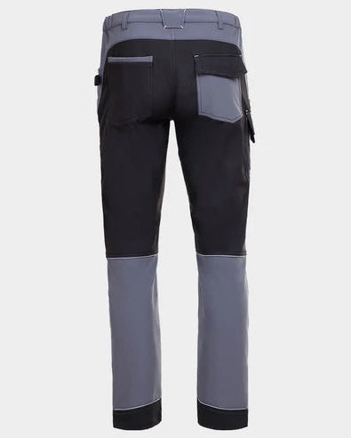 Black and gray work pants with multiple pockets on a light gray background